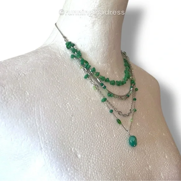 NWT Free People Aurelia Layered Necklace In Jade Green & Silver - Picture 7 of 10